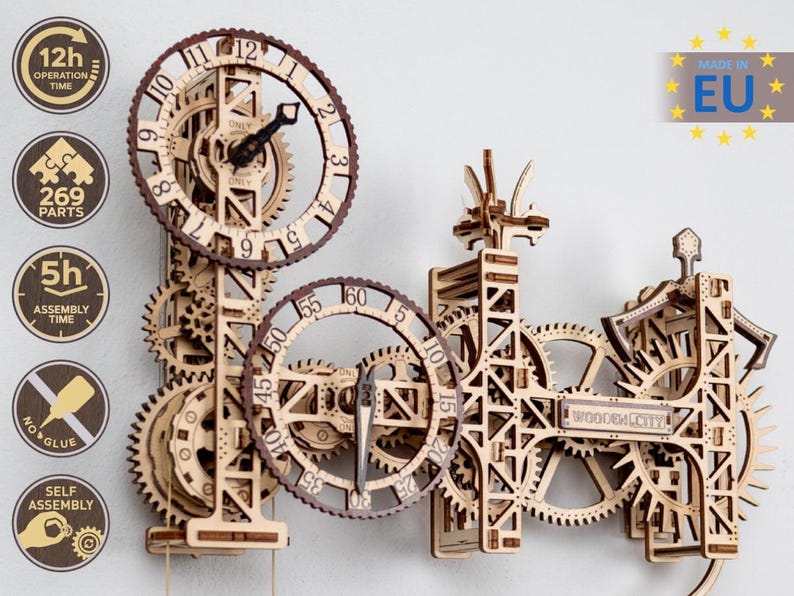 May include: A wooden 3D clock kit with intricate gears and a brown and white color scheme. The clock is made of 269 parts and takes 5 hours to assemble. It is self-assembly and requires no glue. The clock is made in the EU.