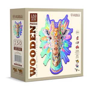 Whimsy Wooden Puzzle Natty Giraffe 150 Pieces - Unique Unusual Jigsaw Puzzles with Animal Shaped Pieces - Wooden.City