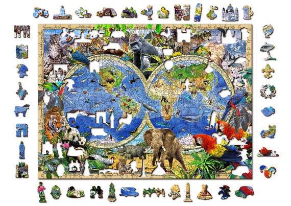 Wooden.City Antique World Map Wooden Jigsaw Puzzle, 300 Double-Sided Pieces with Unique Shapes, Large