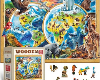 Wooden Puzzle Wildlife of the Planet 1000 Pieces – Unique Animal World Map Jigsaw with Shaped Pieces by Wooden.City