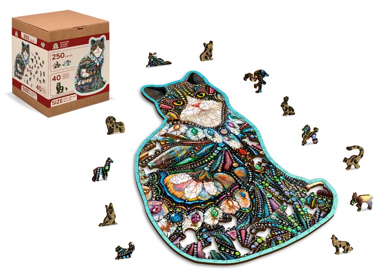 May include: A 250-piece wooden jigsaw puzzle featuring a colorful cat with intricate details. The puzzle pieces are scattered around the main image of the cat, along with a box showing the completed puzzle.