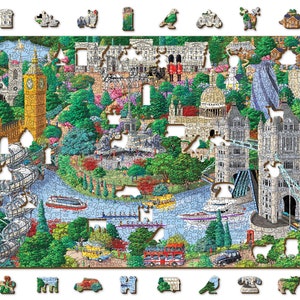 Wooden Jigsaw Puzzle - London Sights - 200, 500, 750 pcs Travel Unusual Shaped Pieces Landmarks Gift Adults Kids Wooden City