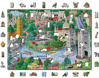Wooden Jigsaw Puzzle - London Sights - 200, 500, 750 pcs Travel Unusual Shaped Pieces Landmarks Gift Adults Kids Wooden City