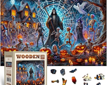 May include: A wooden jigsaw puzzle box featuring a Halloween scene with a grim reaper, skeletons, a haunted house, and jack-o'-lanterns. The box displays the text WOODEN PUZZLE and 1010 PIECES. Several unique shaped puzzle pieces are shown separately.