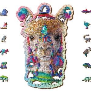 Wooden Jigsaw Puzzle &quot;Mystic Alpaca&quot; 130, 250 pcs Unique Unusual Animal Shaped Pieces Mosaic Puzzle Gifts Kids Adults Wooden City