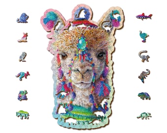 Wooden Jigsaw Puzzle "Mystic Alpaca" 130, 250 pcs Unique Unusual Animal Shaped Pieces Mosaic Puzzle Gifts Kids Adults Wooden City