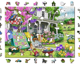 Wooden Jigsaw Puzzle "Countryside Garden"  500,  1000 pcs Unique Adults Kids Nature Flower Cottage Landscape Unusual Pieces