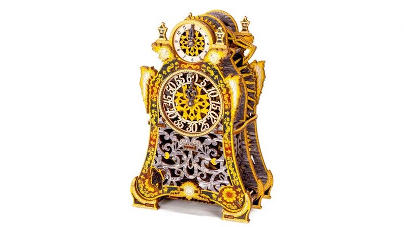 May include: A detailed wooden clock with intricate carvings and a gold finish. The clock face features Roman numerals and a delicate floral design.