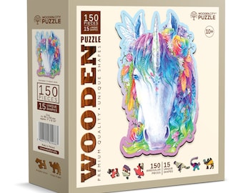 Wooden Puzzle Stylish Unicorn 150 Pieces - Unique Unusual Jigsaw Puzzles with Animal Shaped Pieces - Wooden.City