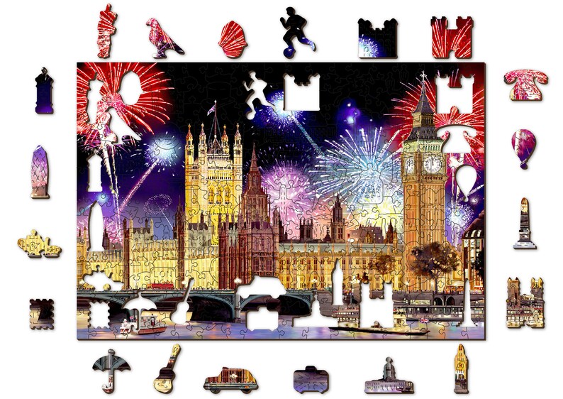 May include: A jigsaw puzzle featuring a nighttime view of the Houses of Parliament and Big Ben in London, England. The scene is lit up by fireworks exploding in the sky. The puzzle is made of wood and has a black background.