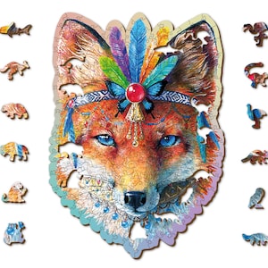 May include: A wooden jigsaw puzzle featuring a colourful fox with a headdress of feathers and a butterfly. The fox has blue eyes and a red nose. The puzzle is made up of 100 pieces and includes 12 extra pieces shaped like animals.