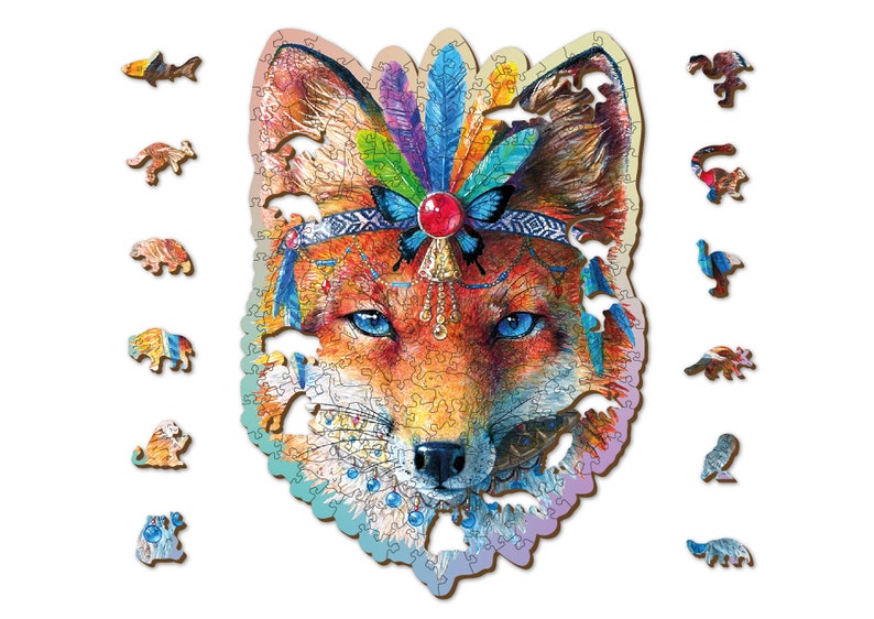 May include: A wooden jigsaw puzzle featuring a colourful fox with a headdress of feathers and a butterfly. The fox has blue eyes and a red nose. The puzzle is made up of 100 pieces and includes 12 extra pieces shaped like animals.