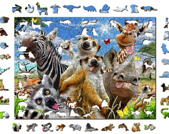 Wooden Jigsaw Puzzle "Welcome To Africa" 150, 300, 500 pcs Safari Kids Adults Giraffe Zebra Unusual Animal Pieces Wooden.City
