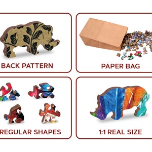 May include: A wooden jigsaw puzzle of a rhinoceros with an abstract colourful design. The puzzle pieces are irregular shapes and come in a paper bag. The back of the puzzle pieces have a floral pattern. The puzzle is 1:1 real size.