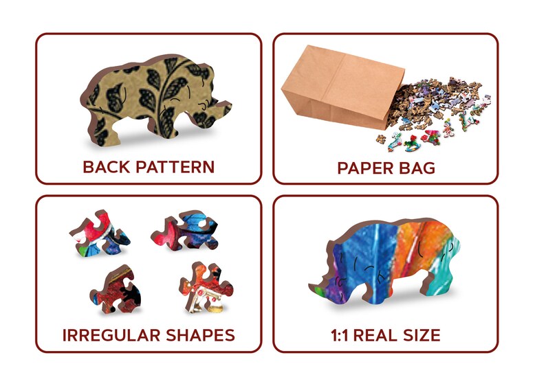 May include: A wooden jigsaw puzzle of a rhinoceros with an abstract colourful design. The puzzle pieces are irregular shapes and come in a paper bag. The back of the puzzle pieces have a floral pattern. The puzzle is 1:1 real size.