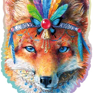 May include: A colourful fox with blue eyes and a headdress made of feathers, beads, and a butterfly. The fox is wearing a beaded necklace and has a red jewel on its forehead.