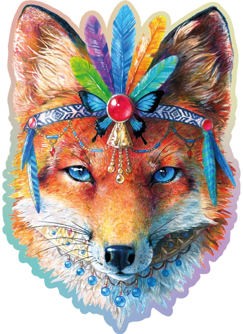 May include: A colourful fox with blue eyes and a headdress made of feathers, beads, and a butterfly. The fox is wearing a beaded necklace and has a red jewel on its forehead.