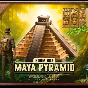 Puede incluir: Modelo mec&aacute;nico de madera de la Pir&aacute;mide Maya, con 184 piezas, autoensamblaje y sin pegamento. La imagen muestra a una persona frente a la pir&aacute;mide. El texto dice "Unravel the mystery!" y "Wooden City". Tiempo de montaje: 300 minutos.