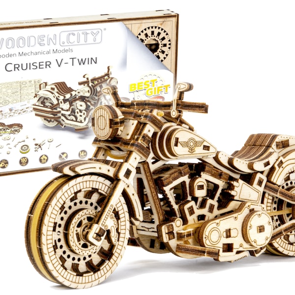 Cruser V-Twin by Wooden.City | Motocykl | Puzzle Drewniane 3D | Model do Samodzielnego Montażu | Świetny Prezent Urodzinowy