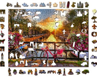 Rompecabezas de madera "Bicicletas de Ámsterdam" (1000 piezas) para adultos. Regalo para amantes de los rompecabezas, regalo de cumpleaños para esposas. Rompecabezas únicos.