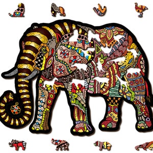 Wooden Jigsaw Puzzle &quot;Magic Elephant&quot; 150, 250 psc Unique Unusual Animal Shaped Pieces Challenging Puzzle Kids & Adults Wooden City