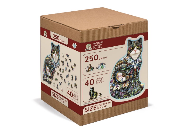 May include: A 250-piece wooden jigsaw puzzle featuring a colorful cat with a whimsical design. The puzzle box shows the completed puzzle image and includes the text "250 pieces" and "40 unique whimsy shapes". The puzzle measures 14.75 inches by 10 inches.