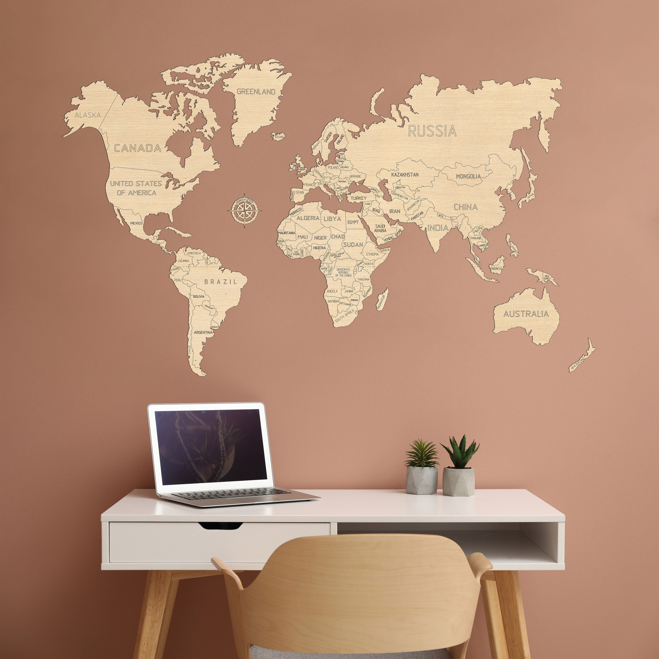 3D Wooden World Map Wall Decor for Home and Office Arcturus, M Multilayered Travel Map with States and Capitals 