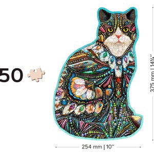 May include: A 250-piece jigsaw puzzle featuring a colorful cat with a beaded design. The puzzle measures 10 inches by 14 3/4 inches.
