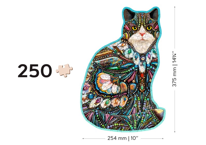 May include: A 250-piece jigsaw puzzle featuring a colorful cat with a beaded design. The puzzle measures 10 inches by 14 3/4 inches.