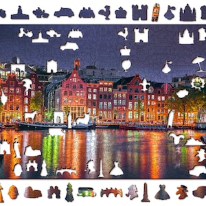 Träpussel "Amsterdam By Night" 150-600 bitar | Pussel för vuxna | Pusselälskare, present till fru, födelsedagspresent | Unika pussel | Familjepresenter