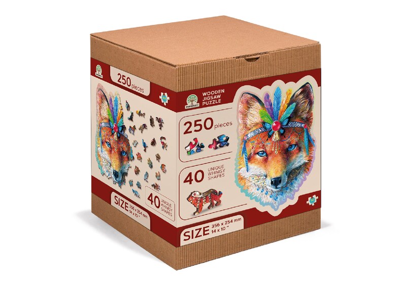 May include: A cardboard box containing a 250 piece wooden jigsaw puzzle featuring a fox wearing a colourful headdress. The puzzle measures 356 x 254 mm and has 40 unique whimsical shapes.