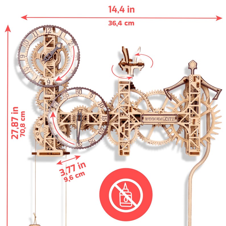 May include: A wooden clock kit with intricate gears and a pendulum. The clock is 27.87 inches tall and 14.4 inches wide. The kit includes instructions and all the necessary parts to build the clock. The clock is made of natural wood and has a rustic look. The clock is a great project for anyone who enjoys woodworking or building things.