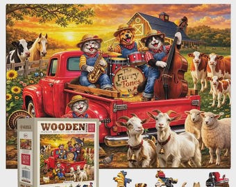 Wooden Puzzle Cat Band on the Farm - 1000 Piece Wooden Puzzle - Unique Unusual Jigsaw Puzzles with Shaped Pieces by Wooden.City