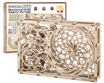 May include: A wooden 3D model of a kinetic sculpture with gears and a spiral design. The model is made by Wooden City and is labeled as a "Mechanical model Kinetic Picture".