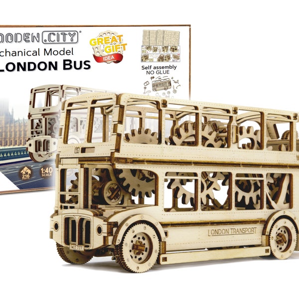 Puzzle 3D "London Bus" DIY Wooden Vintage Transport Model Kits Adults Build - Wooden Puzzles for Adults Brain Teaser