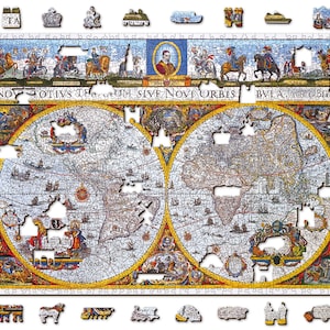 Rompecabezas de madera "Map Nova Terrarum" 200, 500, 1000 piezas Antiguos Adultos Niños Piezas coloridas con formas únicas Wooden.City