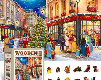Wooden.City "Christmas Street" 500 1000 pcs - Wooden Jigsaw Puzzle Adults Teenagers Retro Nostalgia Unique Xmas Pieces Unusual Shapes