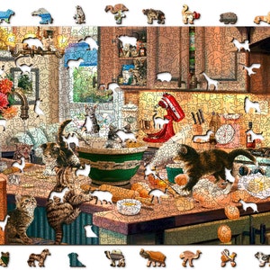 Wooden Jigsaw Puzzle 1000 +10 pieces &quot;Kitten Kitchen Capers&quot; | Family gift |  Wooden.City