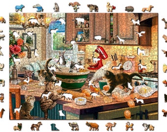 abstract puzzles online Wooden Jigsaw Puzzle 1000 +10 pieces "Kitten Kitchen Capers" | Family gift | Wooden.City