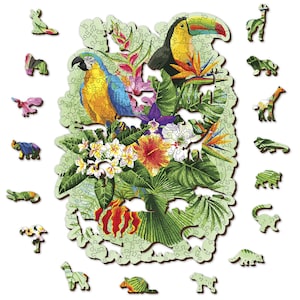 Wooden Jigsaw Puzzle "Tropical Birds" 160, 300 pcs Unique Unusual Cool Shaped Pieces Mosaic Kids Adults Wooden.City