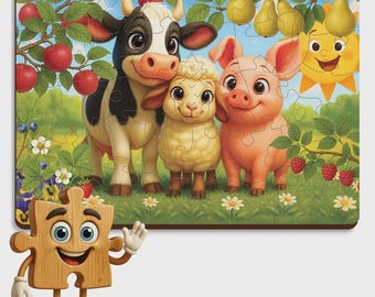 WOODEN.CITY Animals in the Orchard Wooden Jigsaw Puzzle for Kids, 40 Pieces with Unique Shaped Pieces