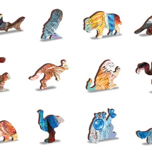May include: A set of 10 wooden animal jigsaw pieces, each painted with a unique colourful design. The animals include a shark, owl, buffalo, armadillo, monkey, kangaroo, lion, flamingo, ostrich, and a bear.