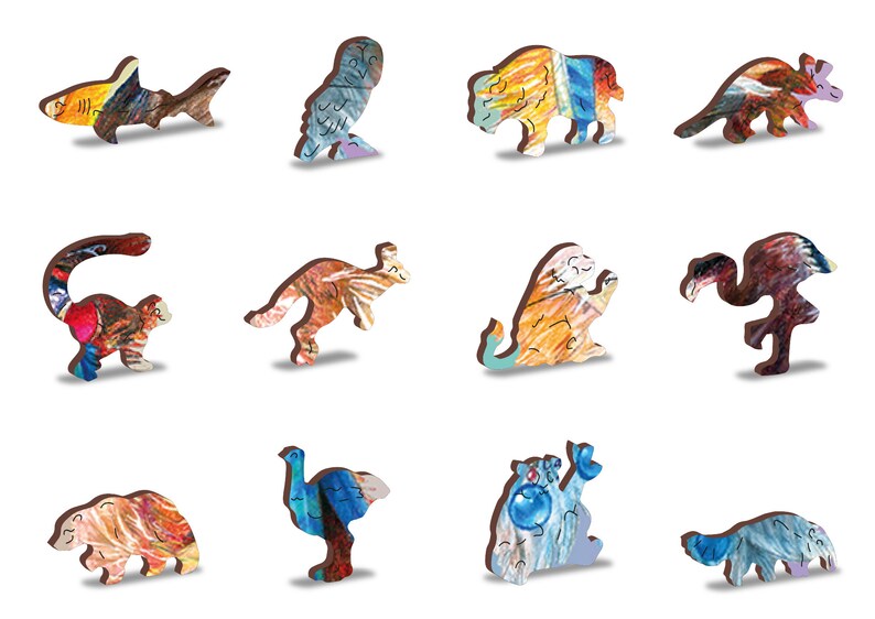 May include: A set of 10 wooden animal jigsaw pieces, each painted with a unique colourful design. The animals include a shark, owl, buffalo, armadillo, monkey, kangaroo, lion, flamingo, ostrich, and a bear.