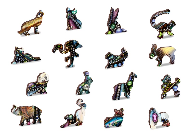May include: A set of 15 wooden animal figurines, each intricately decorated with colorful beads and jewels. The animals include a wolf, cat, rabbit, giraffe, elephant, and more.