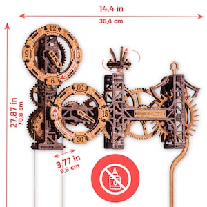 May include: A wooden clock kit with interlocking gears and a clock face. The clock is 27.87 inches tall, 14.4 inches wide, and 3.77 inches deep. The clock face has the numbers 12, 3, 6, and 9.