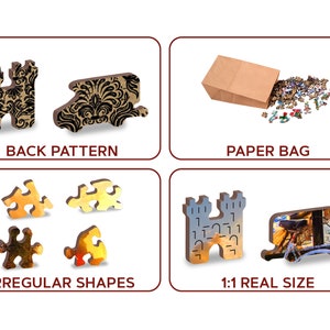 May include: A wooden jigsaw puzzle with irregular shaped pieces. The puzzle is of a castle with a sunset sky. The back of the puzzle pieces have a black and gold pattern. The puzzle comes in a brown paper bag.