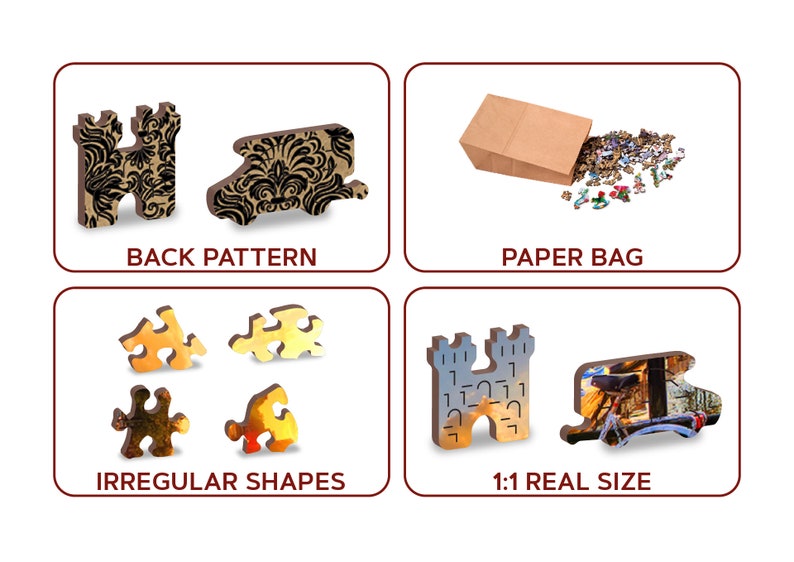 May include: A wooden jigsaw puzzle with irregular shaped pieces. The puzzle is of a castle with a sunset sky. The back of the puzzle pieces have a black and gold pattern. The puzzle comes in a brown paper bag.