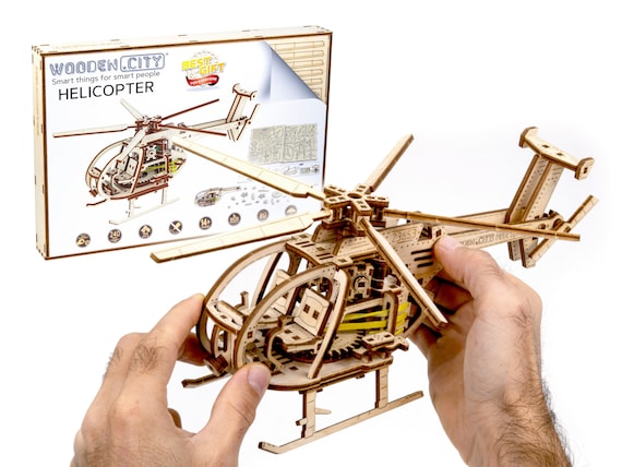 Hubschrauber Helikopter 3D-Puzzle in Naturholz 