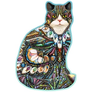 May include: A black and white cat with green eyes is depicted in a mosaic style. The cat's fur is made up of colorful beads, jewels, and other decorative elements. The cat is sitting with its head tilted slightly to the side.