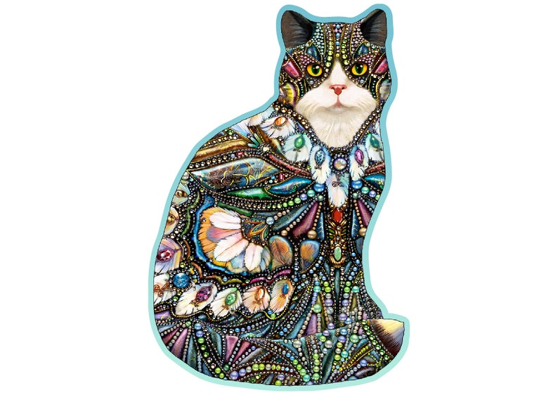 May include: A black and white cat with green eyes is depicted in a mosaic style. The cat's fur is made up of colorful beads, jewels, and other decorative elements. The cat is sitting with its head tilted slightly to the side.